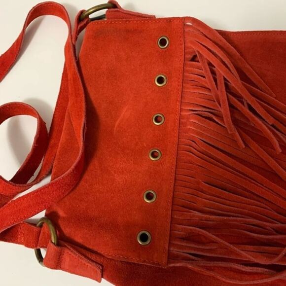 Red suede‎ leather double fringed shoulder bag New without tags. - Picture 9 of 11